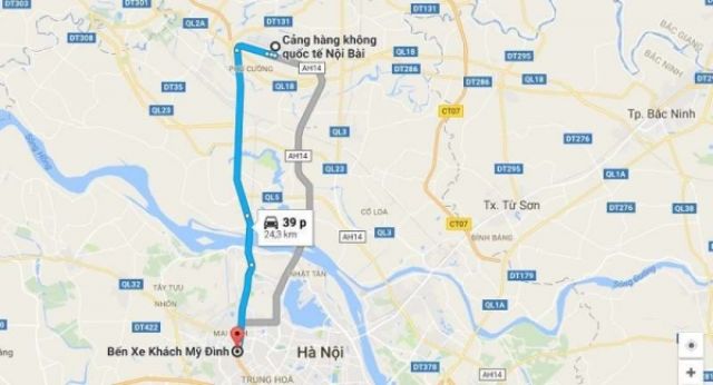 Hình ảnh Google map từ sân bay Nội Bài đến bến xe Mỹ Đình